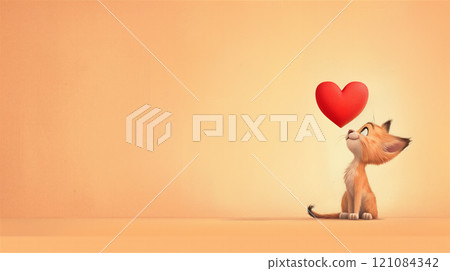Cheerful cartoon cat playfully looking at a bright red heart, copy space Cheerful cartoon cat playfully looking at a bright red heart, copy space 121084342