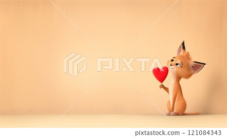 A cheerful cartoon cat playfully holds a bright red heart in its paw, copy space 121084343