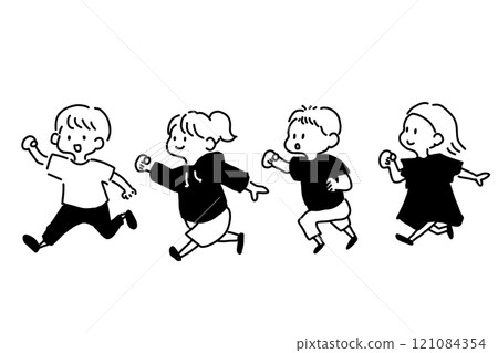 Children running outside black and white Children running outside black and white 121084354