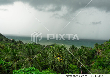 Expansive tropical foliage meets the ocean, hinting at a rainy horizon and adventure to come. 121084496