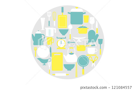 Kitchen item circular background D06 Gray base Yellow Blue White 121084557