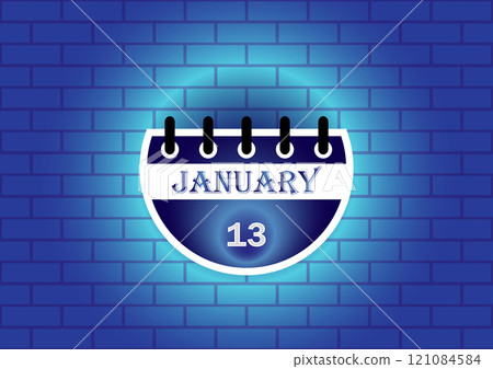 January 13 calendar sign on blue neon brick wall background 121084584
