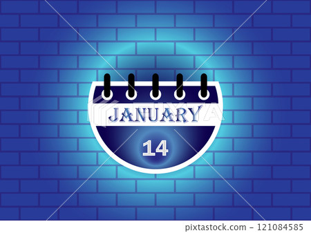 January 14 calendar sign on blue neon brick wall background 121084585