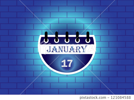 January 17 calendar sign on blue neon brick wall background 121084588