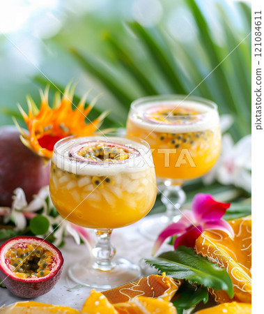 Two tropical drinks with colorful straws 121084611