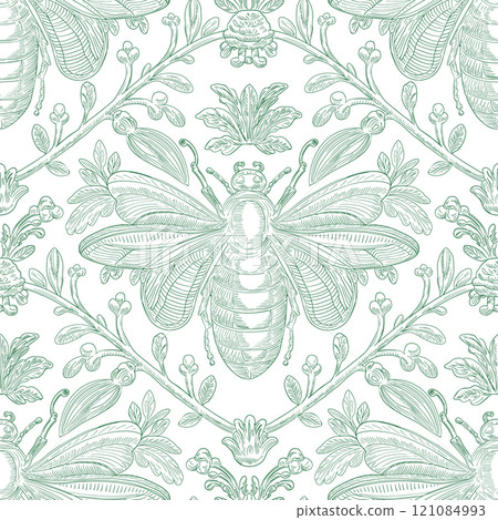 Bee and Floral Seamless Pattern: Elegant Vector Illustration for Fabrics, Wallpapers, and Packaging Design Bee and Floral Seamless Pattern: Elegant Vector Illustration for Fabrics, Wallpapers, and Packaging Design 121084993