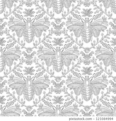 Bee and Floral Seamless Pattern: Elegant Vector Illustration for Fabrics, Wallpapers, and Packaging Design 121084994