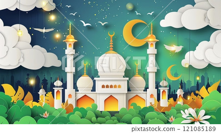 Mosque building paper cut layer style Ramadan greeting card celebration and decoration, blue and white color 121085189