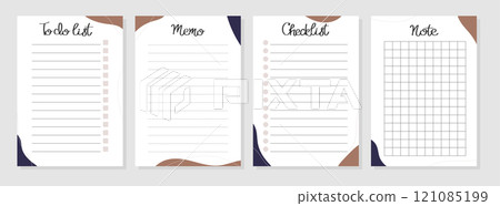 Set of To do list, note, memo, checklist with pattern in trendy color of the 2025 Mocha Mousse. Vector illustration for planners, agenda, notebooks, cards, diary and other stationery. Layout A5 Set of To do list, note, memo, checklist with pattern in trendy color of the 2025 Mocha Mousse. Vector illustration for planners, agenda, notebooks, cards, diary and other stationery. Layout A5 121085199