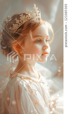 Little girl beauty face wearing crown princess fantasy costume style 121085305