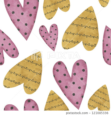 Seamless pattern of watercolor hearts on white background. Hand painted Valentine's Day design elements. Pink hearts with dots and yellow with stripes. Printing on cards, wrapping paper 121085336