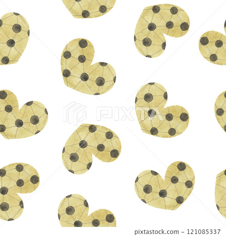 Seamless pattern of watercolor hearts on white background. Hand painted Valentine's Day design elements. Yellow hearts with circles. Printing on cards, wrapping paper Seamless pattern of watercolor hearts on white background. Hand painted Valentine's Day design elements. Yellow hearts with circles. Printing on cards, wrapping paper 121085337