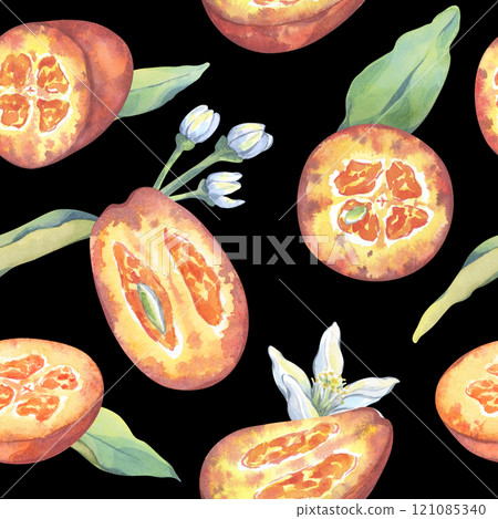 Qumquat seamless pattern. Watercolor botanical illustration. Fruit in section with leaves and flowers for your design. Tasty fresh citrus for printing on cards, invitations, fabric, gift paper 121085340