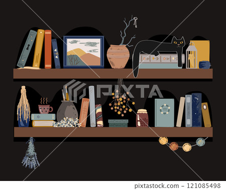 Old book shelves with vintage jag, painting, candle, and books, and black cat lying in a book pile. Isolated design element for fairy and retro interiors 121085498