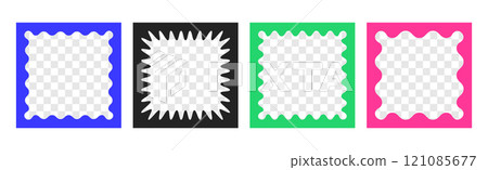Set of colored squiggle square photo frames, groovy wiggly borders with wavy scallop edges 121085677