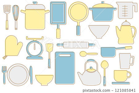 Kitchen item icon set E06 with border, light blue, yellow, gray 121085841