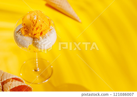 A refreshing ice cream set against a vibrant yellow background A refreshing ice cream set against a vibrant yellow background 121086007