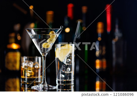 Various cocktails on a bar table 121086096