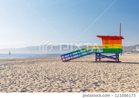 Vibrant lifeguard tower painted in LGBTQ rainbow colors Vibrant lifeguard tower painted in LGBTQ rainbow colors 121086173