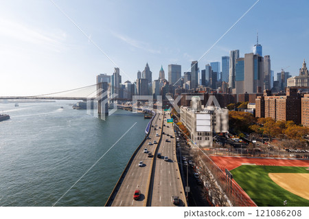 A panoramic view of the Brooklyn Bridge stretching towards Manhattan A panoramic view of the Brooklyn Bridge stretching towards Manhattan 121086208