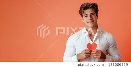 Charming dreamy man holding paper red heart on coral background. Valentine's Day Banner 121086259