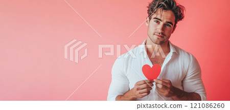 Charming man in white shirt looking at camera and holding paper red heart on pink background. Valentine's Day Banner 121086260