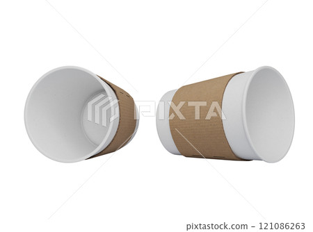 white paper cup lying on the floor with sleeve 3D render mock up 121086263