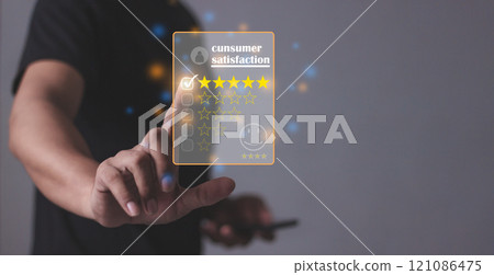 Consumer Satisfaction, Young Man with smartphone mobile hand touchinh very gog five star to review Consumer Satisfaction, Young Man with smartphone mobile hand touchinh very gog five star to review 121086475