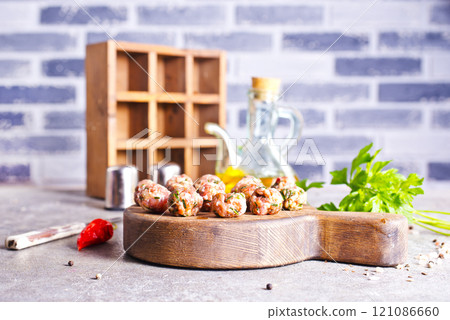 meatballs raw meat pork, beef, lamb meat balls 121086660