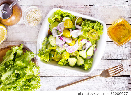 Homemade Mediterranean Cucumber Tomato Salad in a Bowl, side view. Homemade Mediterranean Cucumber Tomato Salad in a Bowl, side view. 121086677