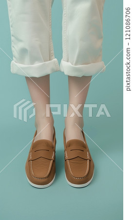 Young female foot wearing brown loafers shoes and white pants isolated blue background Young female foot wearing brown loafers shoes and white pants isolated blue background 121086706