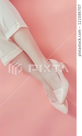 Young female foot wearing white flat shoes casual style fashion outfit Young female foot wearing white flat shoes casual style fashion outfit 121086707