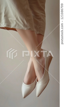Young female foot wearing white flat shoes casual style fashion outfit 121086709