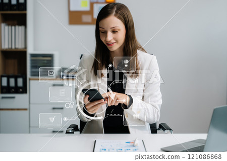 Digital marketing media in virtual screen.businesswoman hand working with mobile phone and modern compute with VR icon diagram 121086868