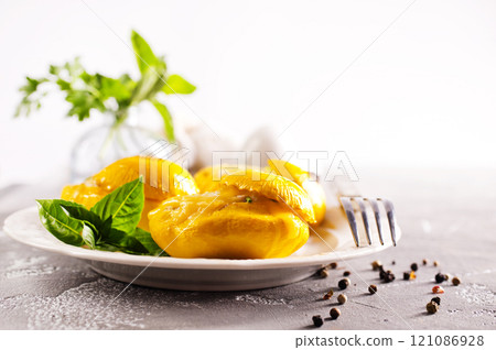 Stuffed pattypan squash on plate, vegetarian food Stuffed pattypan squash on plate, vegetarian food 121086928