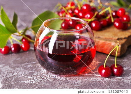 Fresh juice made of sweet cherries in glass Fresh juice made of sweet cherries in glass 121087043