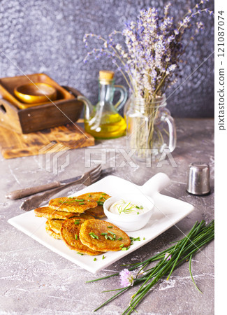 Potato pancakes on white plate 121087074