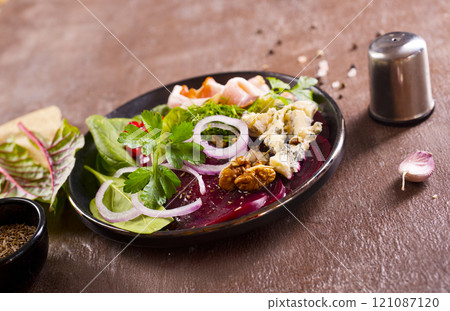 beetroot salad with cheese, walnuts, onion beetroot salad with cheese, walnuts, onion 121087120