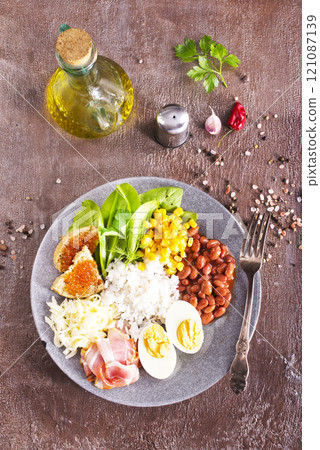 breakfast on plate on a table 121087139