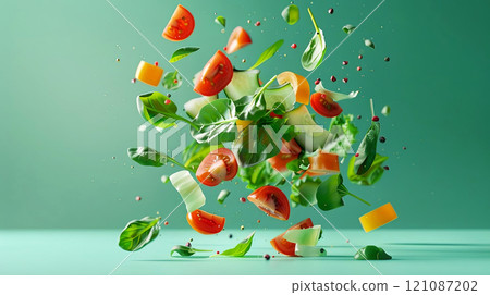 Dynamic floating salad ingredients captured in mid-air with a fresh vibe 121087202