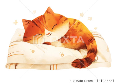 Adorable animated ginger cat sleeping peacefully on a pillow 121087221