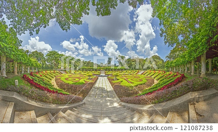 A panoramic view of a beautifully landscaped garden in Kuala Lumpur, featuring vibrant floral patterns 121087238