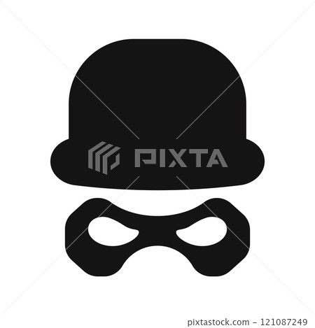 Incognito mask, villain or robber hide face element, black silhouette mystery costume with hat icon. Superhero or carnival bandit burgar  121087249