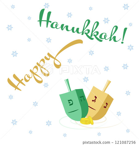 Happy Hanukkah greeting card with traditional colorful dreidels on a starry background. 121087256