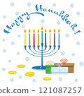 A Happy Hanukkah greeting card with a traditional candelabra, gifts and coins on a white background.  121087257