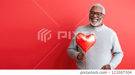 Romantic elderly African American man holding heart-shaped balloon on red background. Valentine's Day banner 121087304