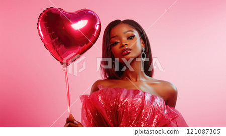Beautiful glamorous African American woman in shiny dress holding heart shaped balloon on pink background. Valentine's day concept 121087305