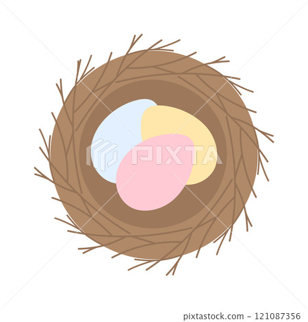Colorful Easter eggs in birds nest made twigs trendy soft shades. Greeting flyer design element idea Colorful Easter eggs in birds nest made twigs trendy soft shades. Greeting flyer design element idea 121087356