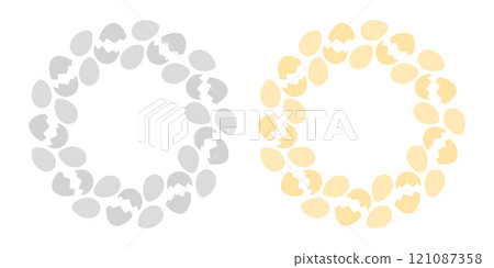 Eggs and cracked eggshell Circle Frames in grayscale and monochrome yellow. Copyspace Template Set 2 121087358