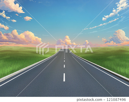 路，路，未來，草原，筆直的路，天空形象 121087496